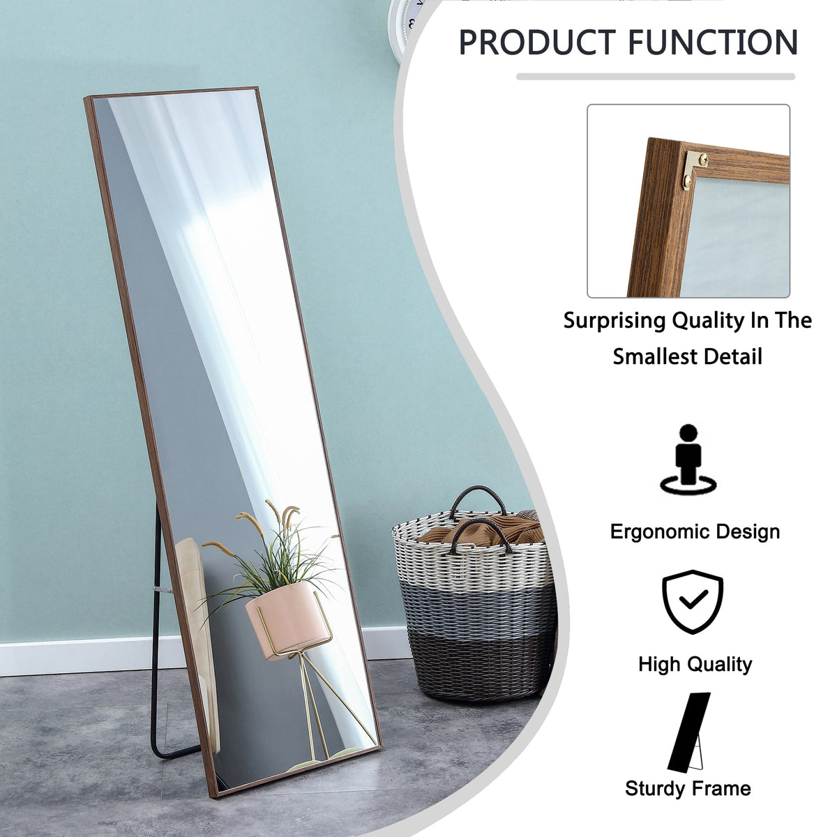 60x17 Brown Solid Wood Frame Full-length Mirror, Dressing Mirror, Bedroom Home Porch