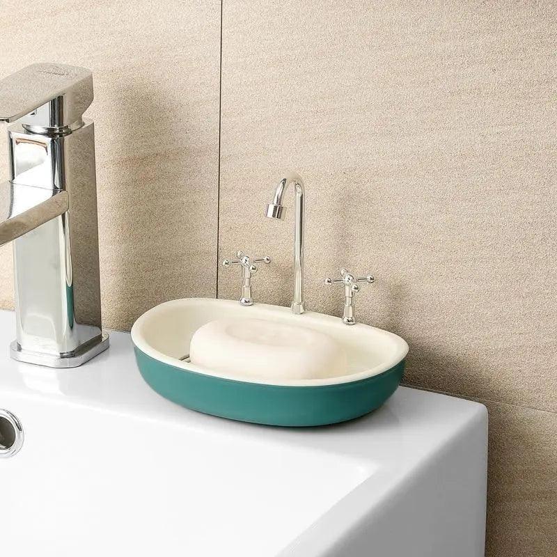 1Pcs Faucet Shape Draining Soap Dish Portable Bathroom Products Double Layer 3Colors Eco-friendly Soap Box Draining Soap Dish Sponge Holder Soap Container with Waterfall Spout for Bathroom Shower Kitchen Sink