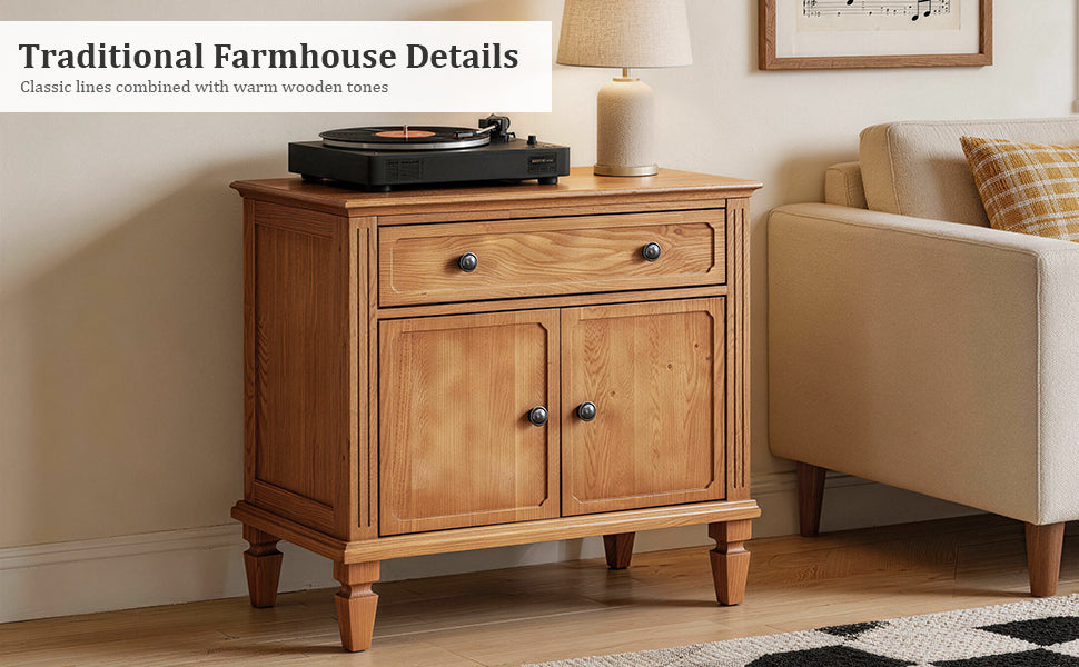 Farmhouse Nightstand with Charging Station, Wood Bedside Table with Drawer & Double-Door Storage Cabinet, End Table with USB & Type-C Ports for Bedroom, Living Room