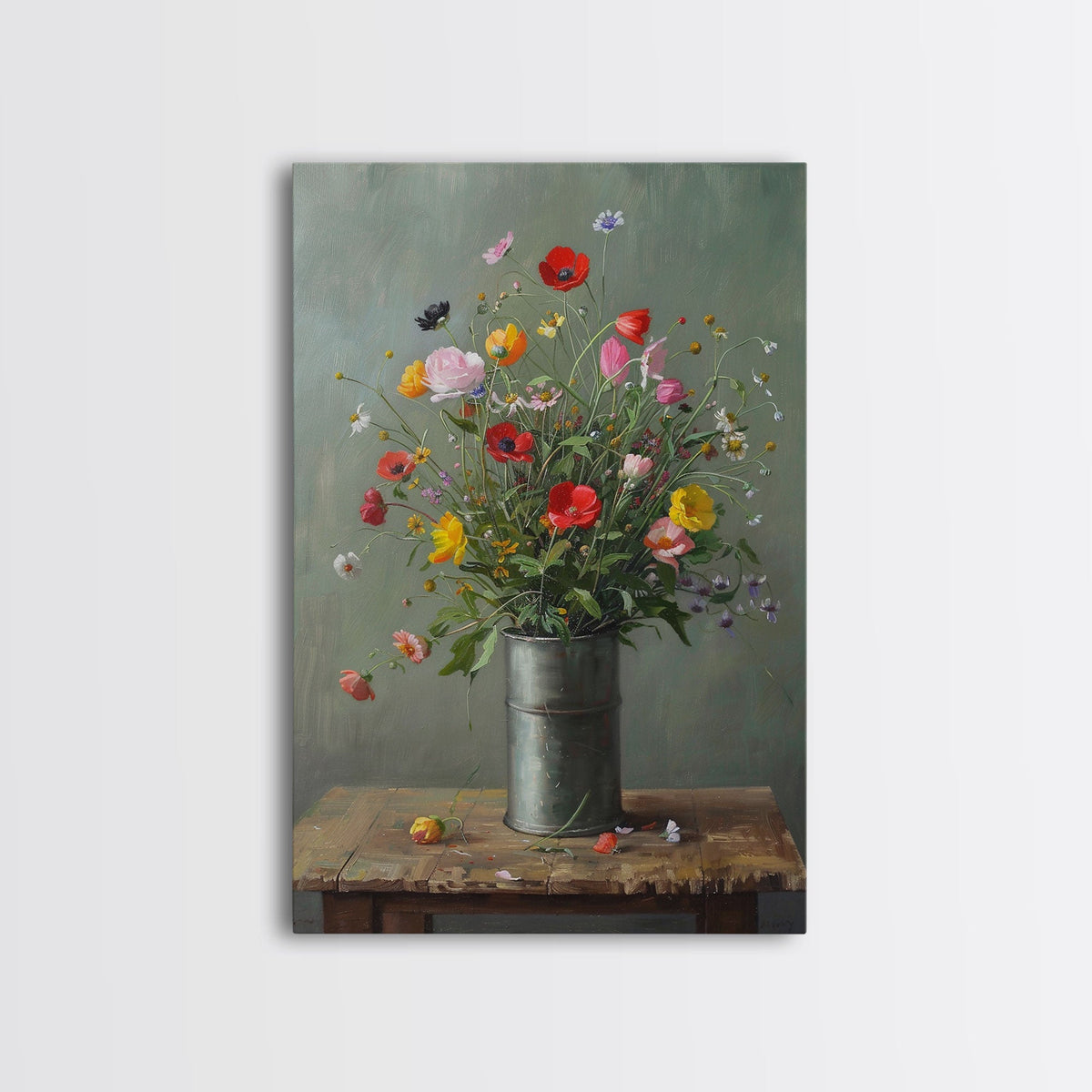 Rustic Flower Vase Art on Weathered Table - Framed Canvas Print, Country Living Room Decor, Farmhouse Floral Wall Art, Vintage Floral Design