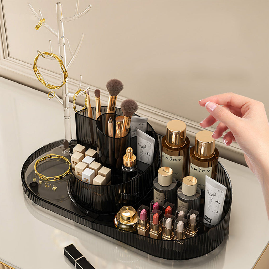 Rotating Makeup Organizer With Jewelry Storage  Large Capacity Cosmetic Display Case Holds 20 Brushes, 10 Lipsticks, 8 Skincare Products 360 Spinning Vanity Organizer For Countertop & Bathroom