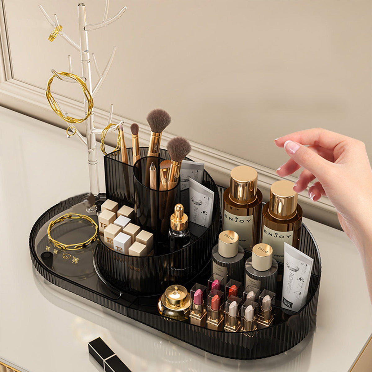 Rotating Makeup Organizer With Jewelry Storage  Large Capacity Cosmetic Display Case Holds 20 Brushes, 10 Lipsticks, 8 Skincare Products 360 Spinning Vanity Organizer For Countertop & Bathroom