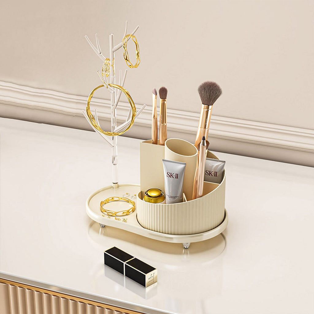 Rotating Makeup Organizer With Jewelry Storage  Large Capacity Cosmetic Display Case Holds 20 Brushes, 10 Lipsticks, 8 Skincare Products 360 Spinning Vanity Organizer For Countertop & Bathroom