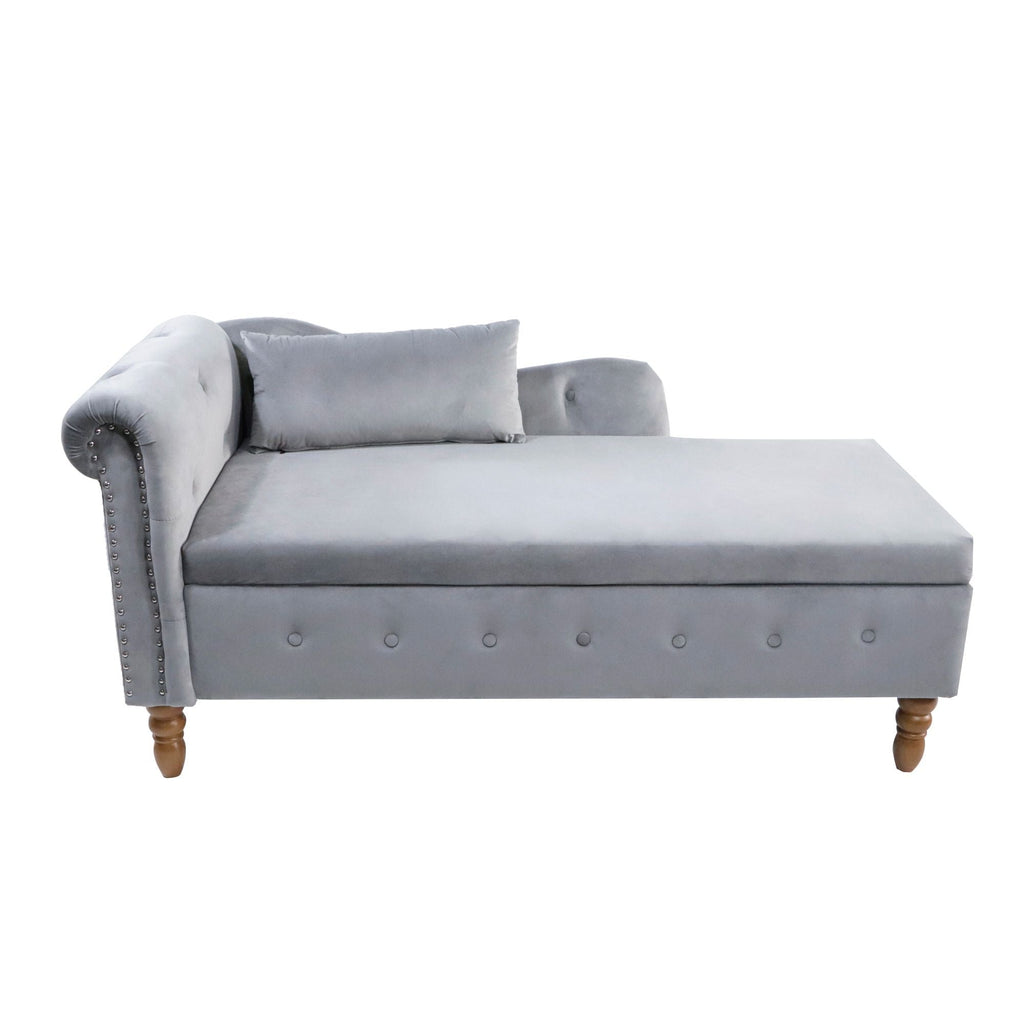 Chaise Lounge Indoor, Lounge Chair For Bedroom With Storage & Pillow, Modern Upholstered Rolled Arm Chase Lounge For Sleeping With Nailhead Trim For Living Room Bedroom Office