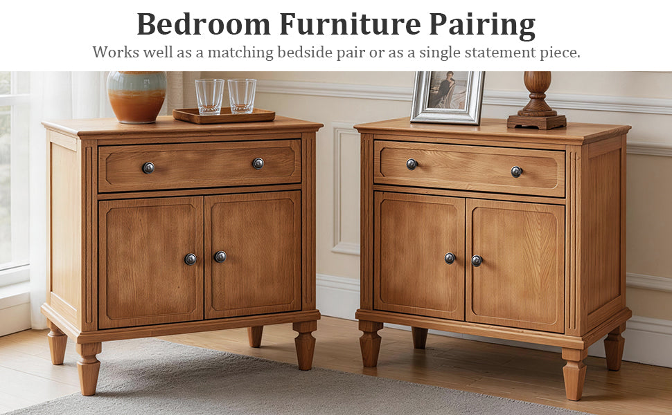 Farmhouse Nightstand with Charging Station, Wood Bedside Table with Drawer & Double-Door Storage Cabinet, End Table with USB & Type-C Ports for Bedroom, Living Room