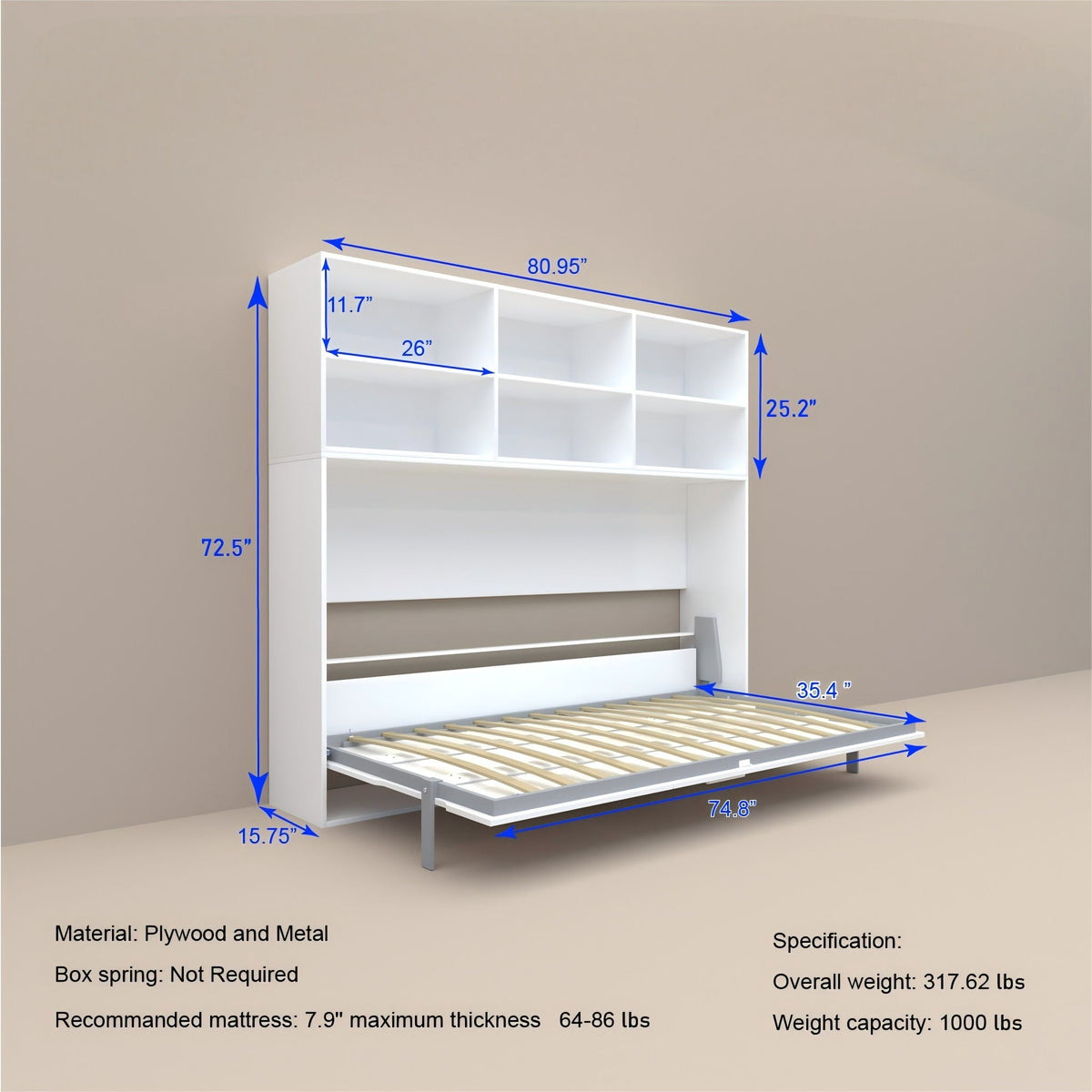 Mordern Design Twin Size Horizontal Murphy Bed With Shelf Storage For Bedroom Or Guestroom Wall Bed Space Saving Hidden Bed With New Style Gas Struts - White