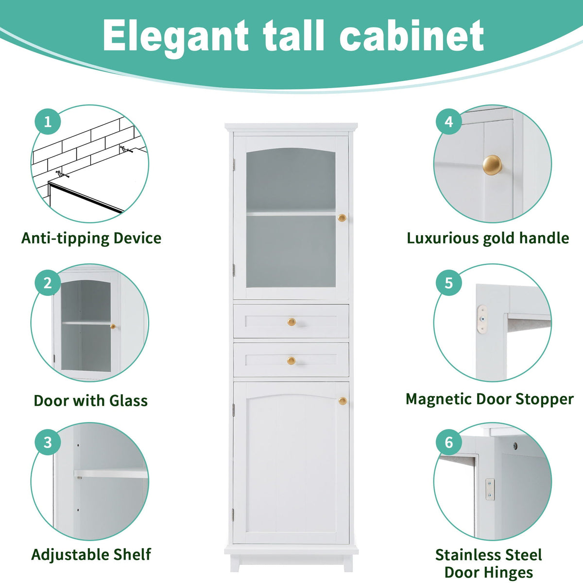 Tall Bathroom Storage Cabinet With Glass Doors, Free-Standing, Two Drawers, And Adjustable Shelves, Board, Painted Perfect For Displaying Your Favorite Items
