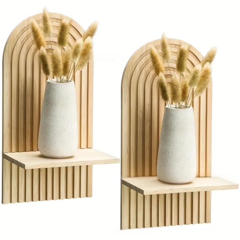 Bohemian style wooden arched wall hanging double layered candlestick vase suitable for decorating living room and bedroom walls