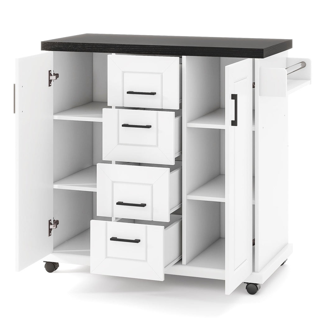 Rolling Kitchen Island Cart on Wheels with Storage Cabinets-White