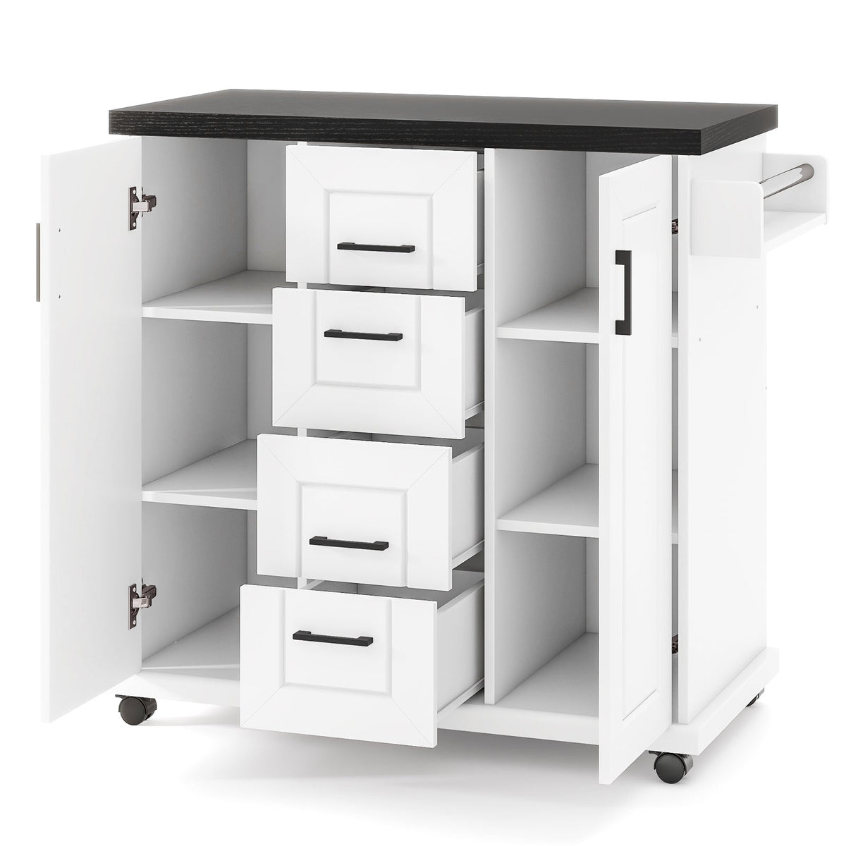 Rolling Kitchen Island Cart on Wheels with Storage Cabinets-White