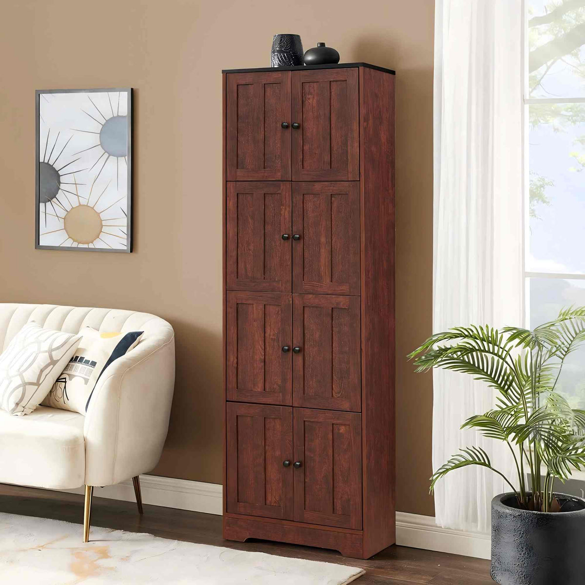 Tall Storage Cabinet With 8 Doors And 4 Shelves, Wall Storage Cabinet For Living Room, Kitchen, Office, Bedroom, Bathroom