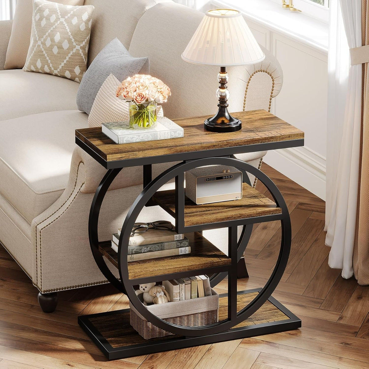 4 Tier Narrow End Table With Storage Shelves For Living Bedroom, Small Spaces - Rustic Brown
